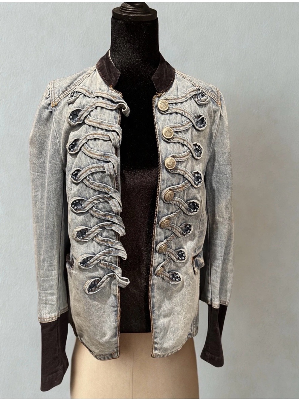 Free People Light Wash Military-Style Denim Jacket with Dark Trim